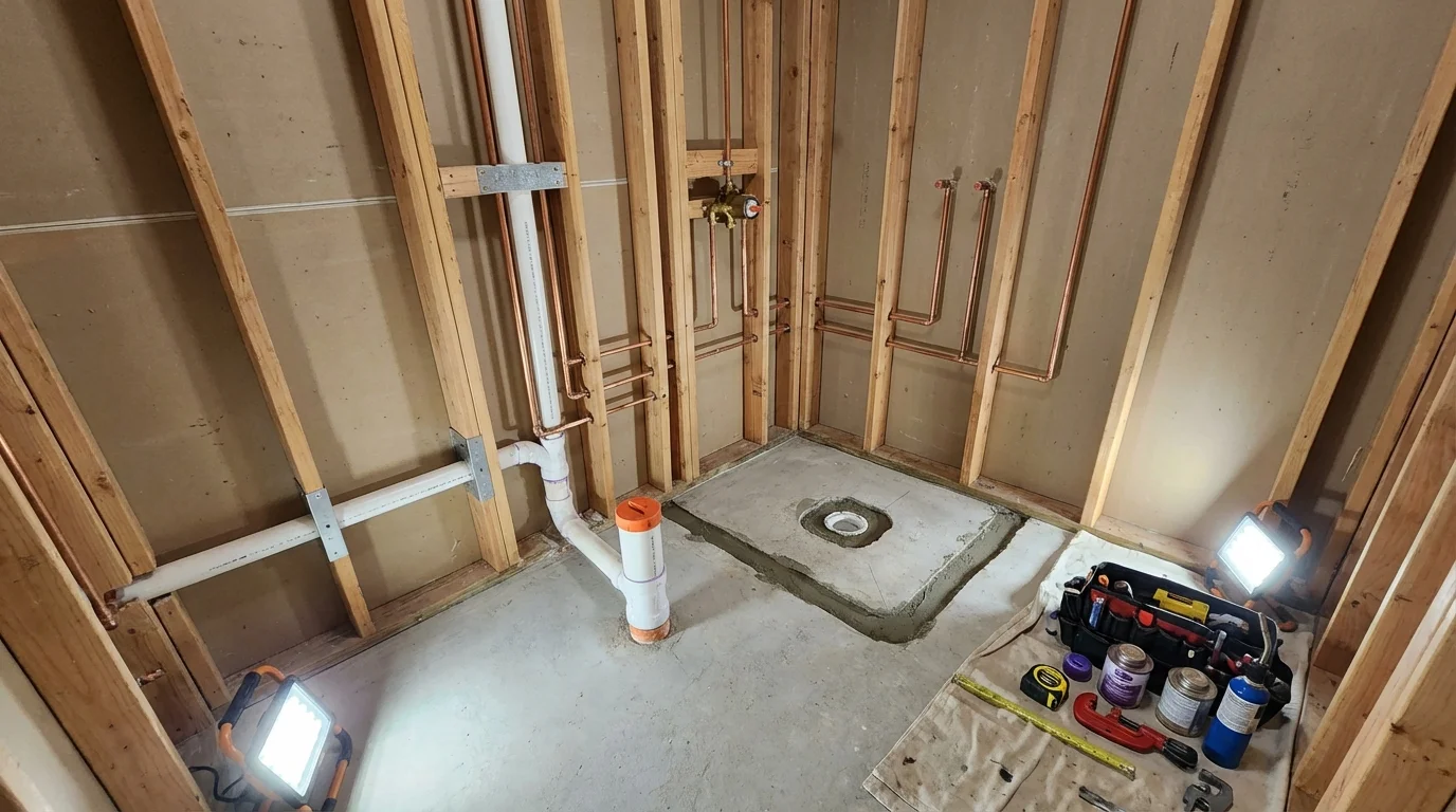 Bathroom rough-in plumbing during remodel by Johns Plumbing LLC in Augusta