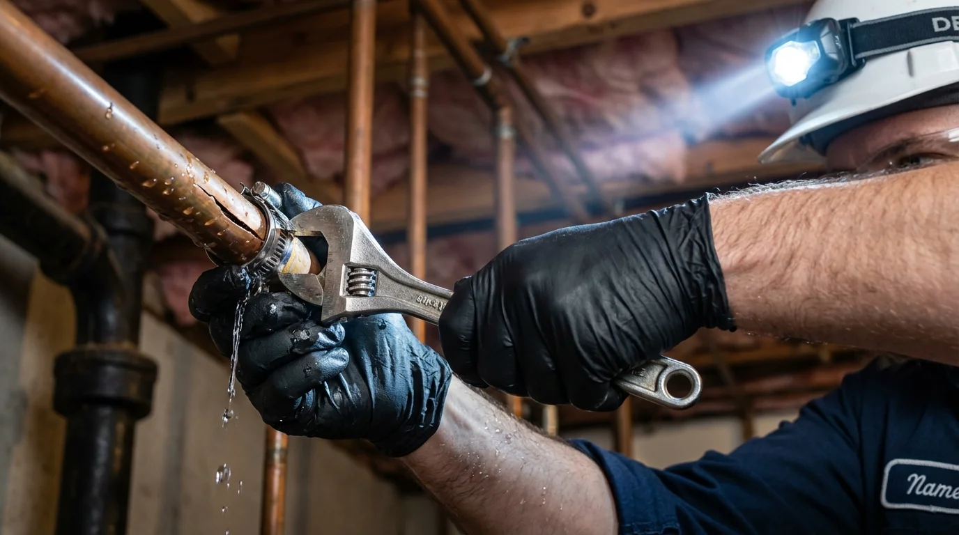 Emergency pipe clamp repair being performed by a Johns Plumbing LLC plumber in Augusta