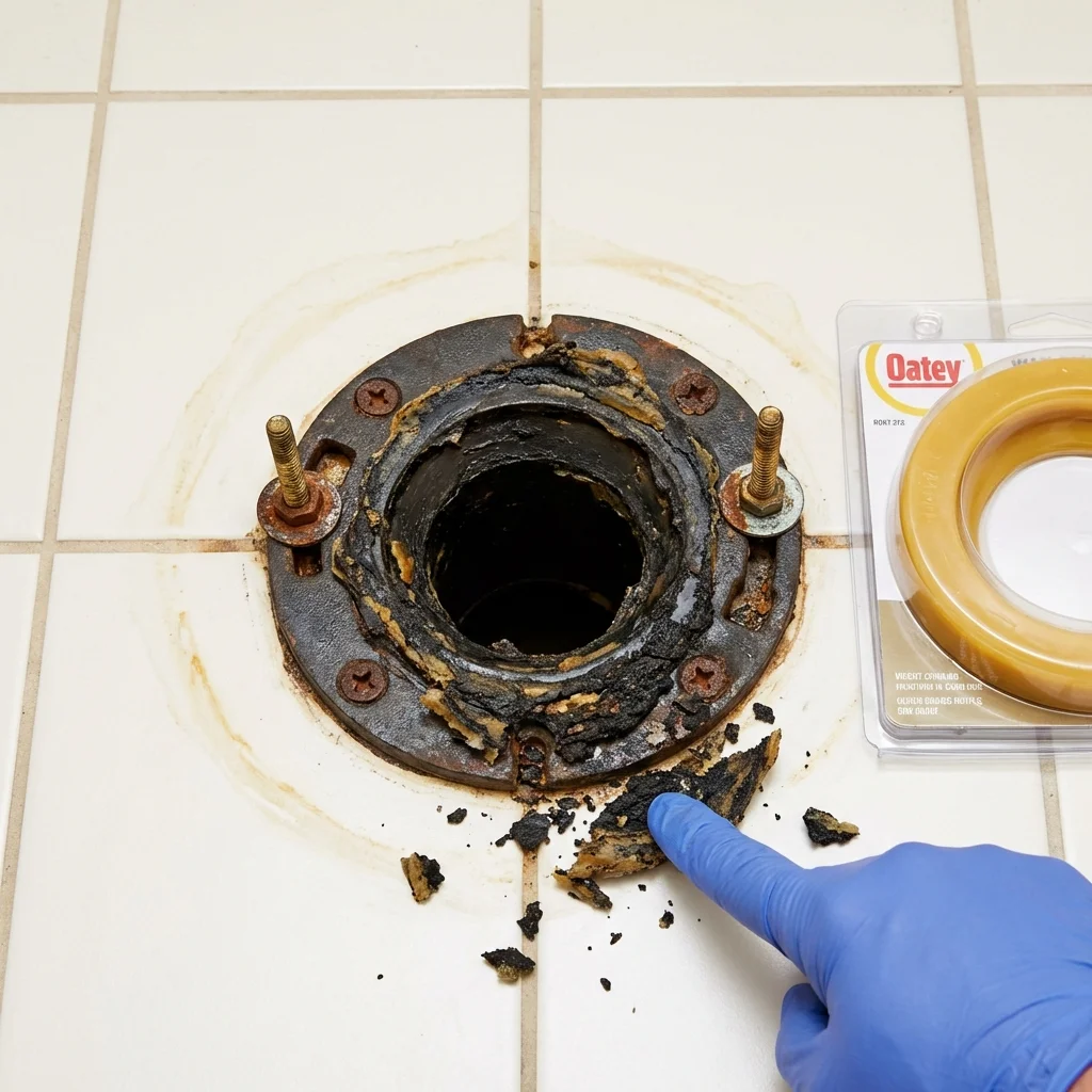 Failed wax ring showing water seepage at the base of a toilet in a Augusta, AR home